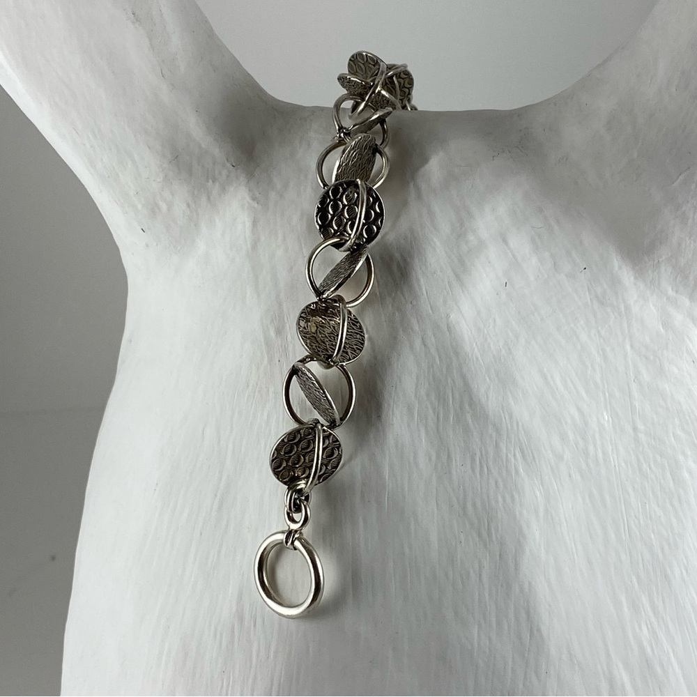 New Sterling Silver Patterned Disc Round Link Bra… - image 8